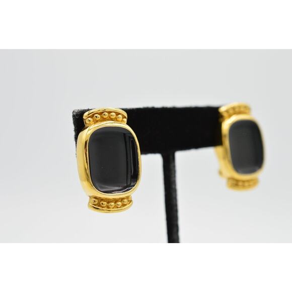Givenchy Vintage Clip On Earrings Black Enamel Gold Tone Runway Signed 1980s 9I - Picture 4 of 9